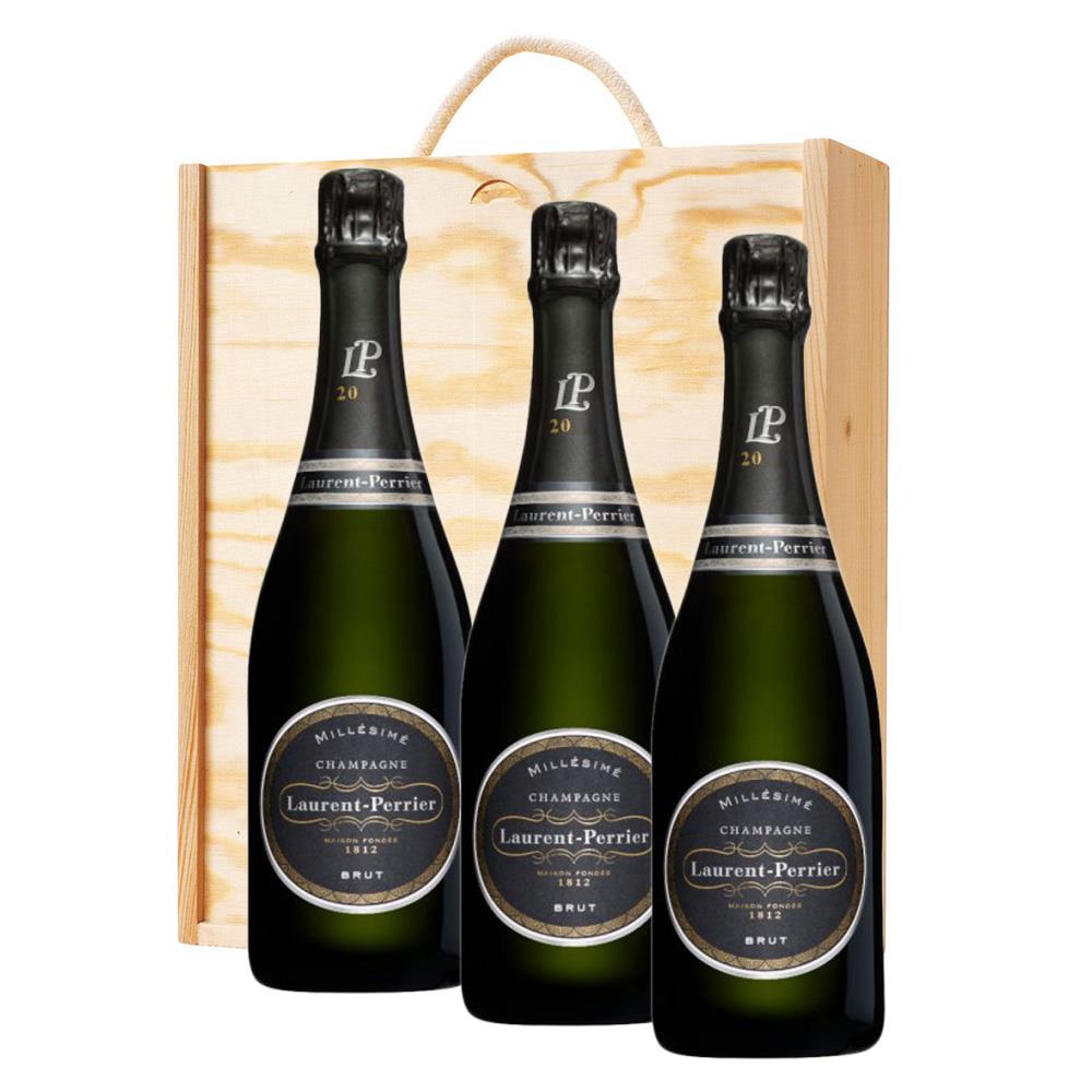 3 x Laurent Perrier Brut Vintage 2008 Champagne 75cl In A Pine Wooden Gift Box